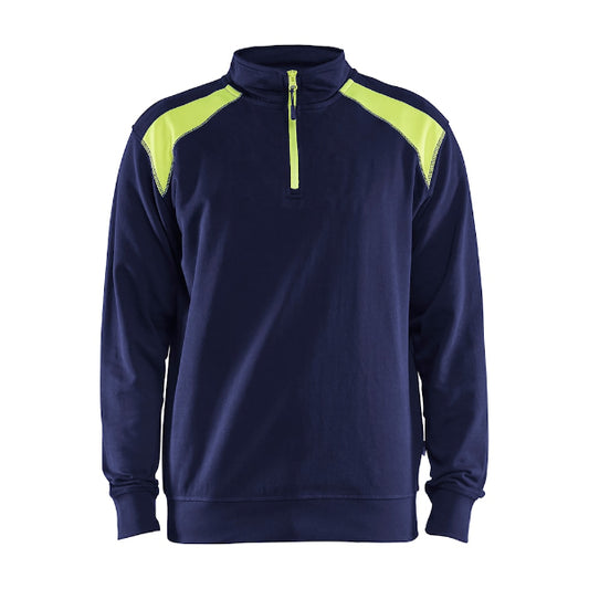 Front view of the Blaklader Half-Zip 2-Tone Sweatshirt 3353 in navy and yellow showing the high collar, half-zip neckline and two-tone design.