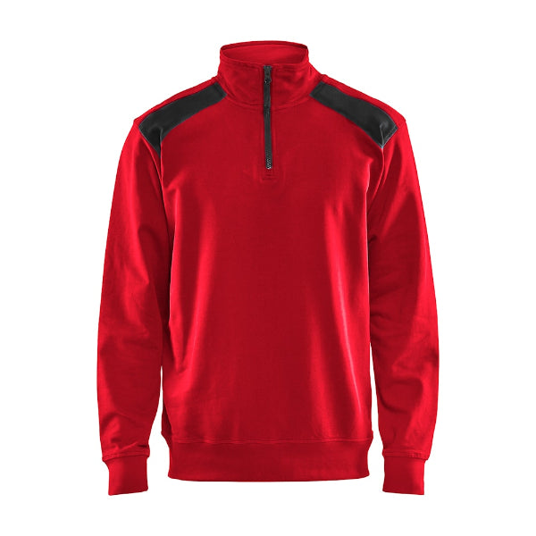 Front view of the Blaklader Half Zip Sweatshirt 3353 in red and black showing the high collar, half zip neckline and two-tone design.