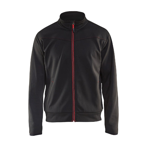 Front view of the Blaklader Full Zip Sweatshirt 3362 in black and red showing the full zip neckline and contrast colour detailing.