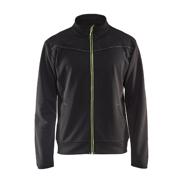 Front view of the Blaklader 3362 sweatshirt in black and hi-vis yellow showing the full zip front and contrast trim detailing.