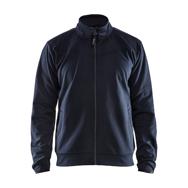 Front view of the Blaklader Full Zip Sweatshirt 3362 in dark navy and black showing the full-length zip, high collar and kangaroo pocket.
