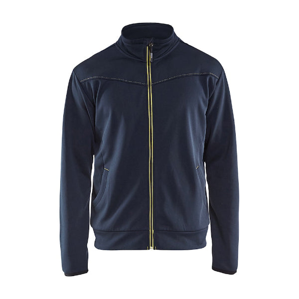 Front view of the Blaklader 3362 full zip sweatshirt in dark navy and yellow showing the zip-up design and elasticated cuffs.