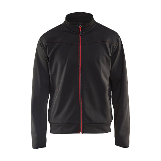 Front view of the Blaklader 3362 full zip work sweatshirt in black and red, featuring reinforced panels, soft fleece lining and a full‑length front zip, shown on a white background.