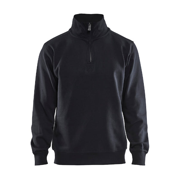 Front view of the Blaklader Half Zip Sweatshirt 3365 in black showing the zip-neck design and clean professional finish.
