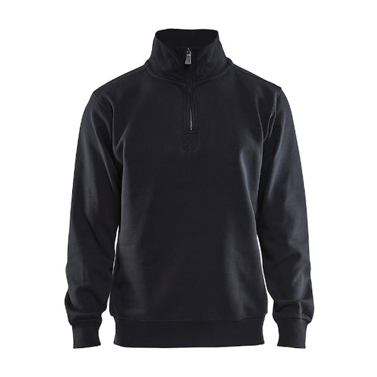 Front view of the Blaklader Half Zip Sweatshirt 3365 in black showing the zip-neck design and clean professional finish.