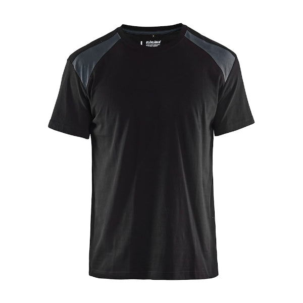 Front view of the Blaklader Workwear T-Shirt 3379 in black and dark grey showing the two-tone design and reinforced shoulder seams.