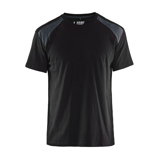 Front view of the Blaklader Workwear T-Shirt 3379 in black and dark grey showing the two-tone design and reinforced shoulder seams.