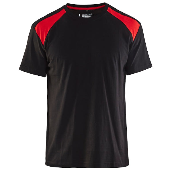 Front view of the Blaklader Workwear T-Shirt 3379 in black and red showing the two-tone design and reinforced shoulder seams.