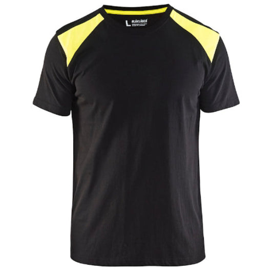Front view of the Blaklader Workwear T-Shirt 3379 in black and yellow showing the two-tone design and reinforced shoulder seams.