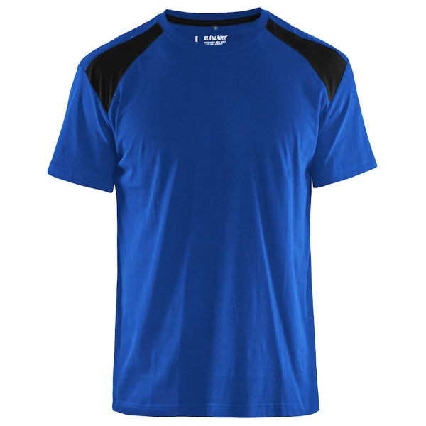 Front view of the Blaklader Workwear T-Shirt 3379 in cornflower blue and black showing the two-tone design and reinforced shoulder seams.