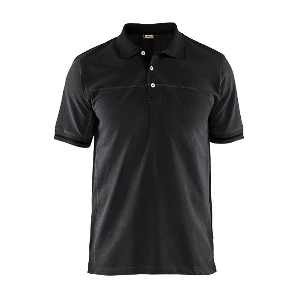 Front view of the Blaklader 3389 polo shirt in black and dark grey, showing a clean, understated professional design.