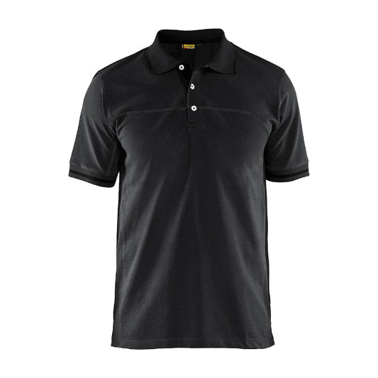 Front view of the Blaklader 3389 polo shirt in black and dark grey, showing a clean, understated professional design.