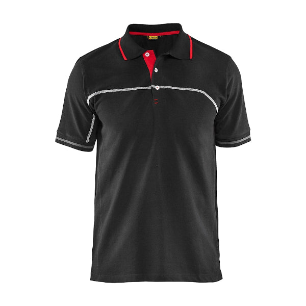 Front view of the Blaklader 3389 polo shirt in black and red, showing a clean polo design suitable for everyday professional wear.