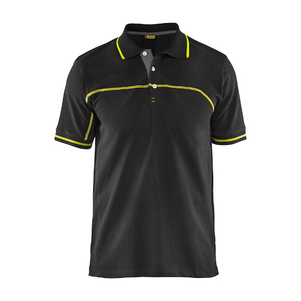 Front view of the Blaklader 3389 polo shirt in black with hi‑vis yellow details, displaying a clear contrast trim and classic polo shape.