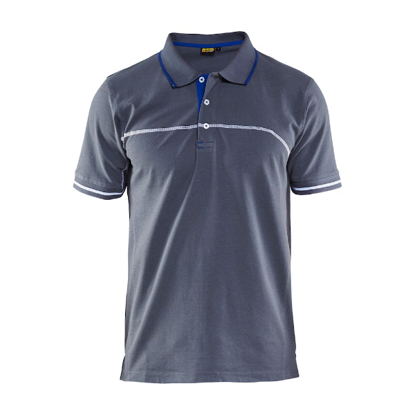 Front view of the Blaklader 3389 polo shirt in grey and cornflower blue, featuring a simple polo style for professional use.