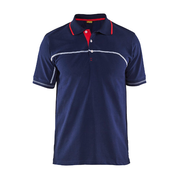 Front view of the Blaklader 3389 polo shirt in navy blue and red with a classic polo fit and contrast colour details.