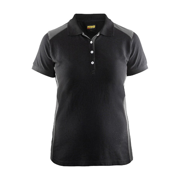 Front view of the Blaklader Ladies Polo Shirt 3390 in black and grey showing ribbed collar and reinforced neck seams.