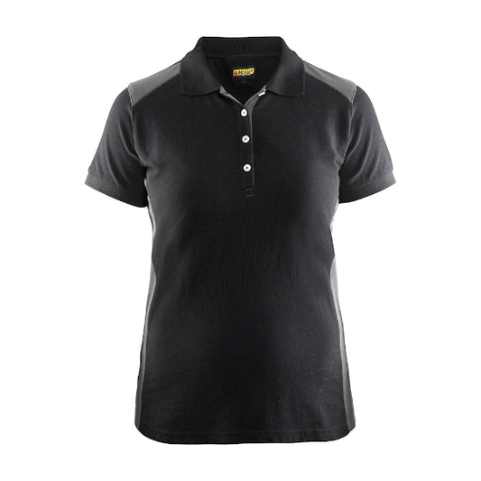 Front view of the Blaklader Ladies Polo Shirt 3390 in black and grey showing ribbed collar and reinforced neck seams.