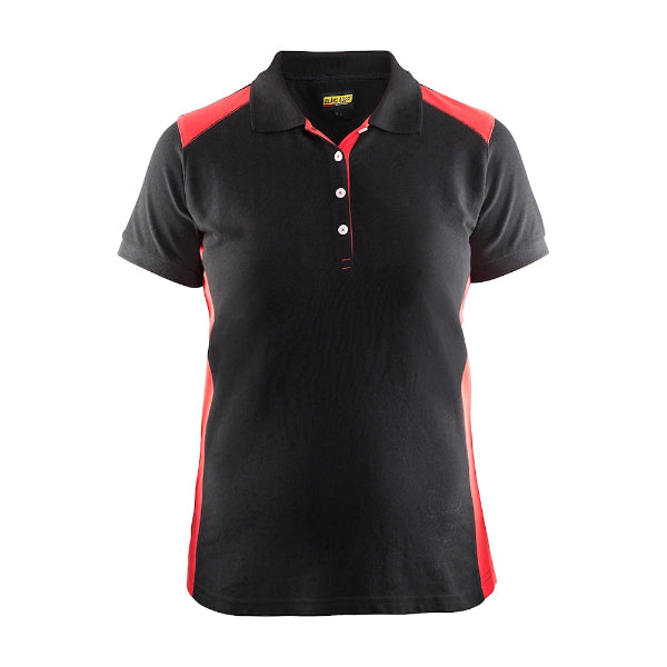 Front view of the Blaklader Ladies Polo Shirt 3390 in black and red showing ribbed collar and reinforced neck seams.