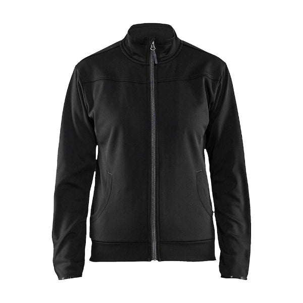 Front view of the Blaklader Ladies Full Zip Sweatshirt 3394 in black and dark grey showing high collar, full zip and hand-warmer pockets.