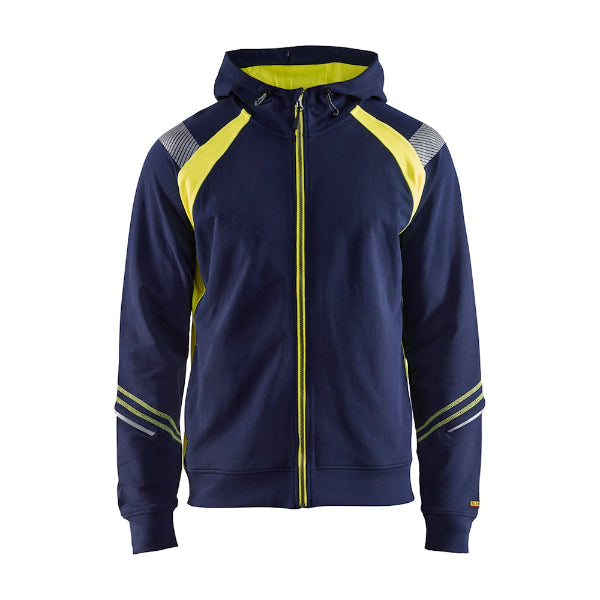 Front view of the Blaklader 3433 hi-vis full zip hoodie in navy blue and hi-vis yellow showing fluorescent panels and reflective tape on shoulders and sleeves.