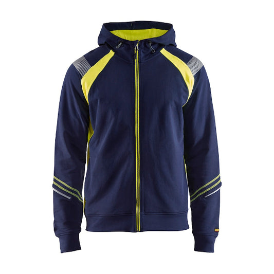 Front view of the Blaklader 3433 hi-vis full zip hoodie in navy blue and hi-vis yellow showing fluorescent panels and reflective tape on shoulders and sleeves.