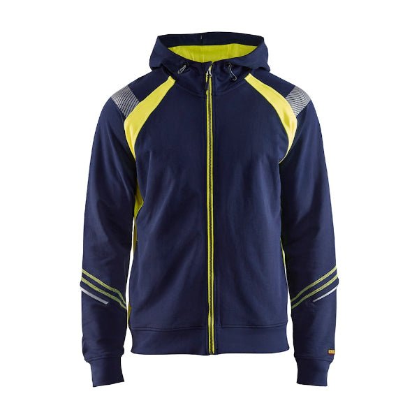 Front view of the Blaklader 3433 hi-vis full zip hoodie in navy blue and hi-vis yellow showing fluorescent panels and reflective tape on shoulders and sleeves.