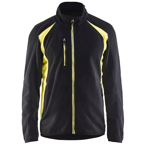 Front view of the Blaklader Fleece Jacket 4730 in black and yellow showing front zip, breast pocket and reflector details.