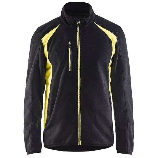 Front view of the Blaklader Fleece Jacket 4730 in black and yellow showing front zip, breast pocket and reflector details.