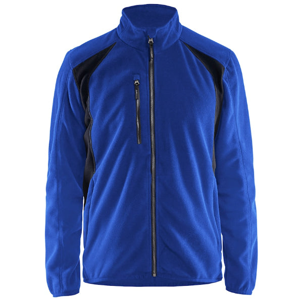 Front view of the Blaklader 4730 fleece jacket in cornflower blue and black showing two-tone design, zip pockets and anti-pilling fleece construction.