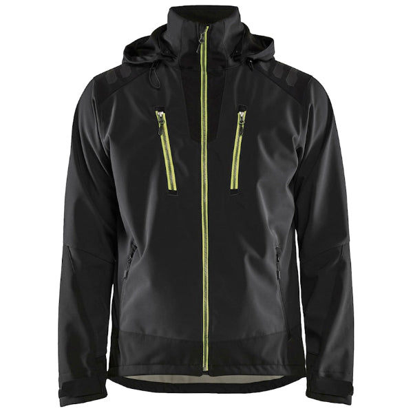 Front view of the Blaklader Hooded Softshell Jacket 4749 in black and yellow showing 2-way stretch fabric, dark reflective tape and adjustable hood.