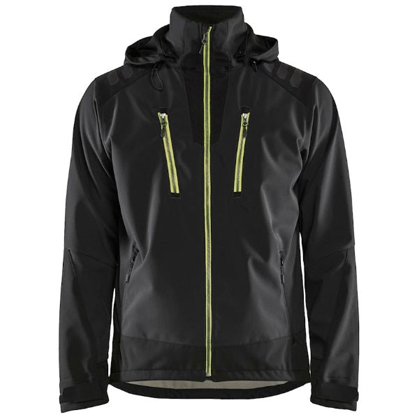 Front view of the Blaklader Hooded Softshell Jacket 4749 in black and yellow showing 2-way stretch fabric, dark reflective tape and adjustable hood.