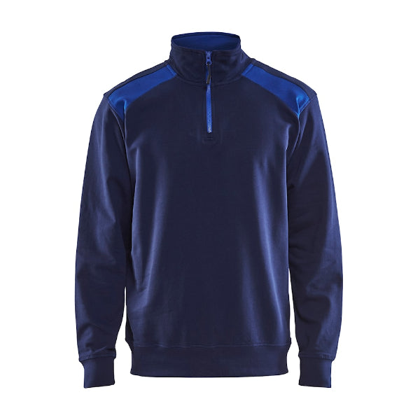 A navy and blue Blaklader 3353 half-zip 2-tone sweatshirt with a high collar and zipper.