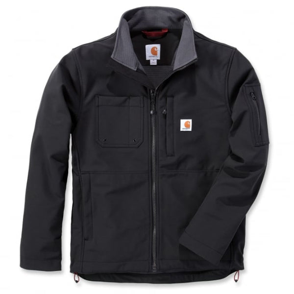 Front view of the Carhartt Rough Cut Softshell Jacket 102703 in black showing full-zip front, stand collar and zip chest pocket.