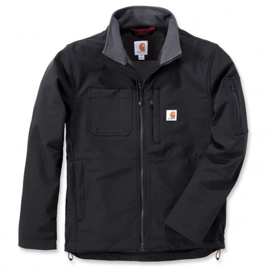 Front view of the Carhartt Rough Cut Softshell Jacket 102703 in black showing full-zip front, stand collar and zip chest pocket.