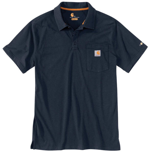 Navy front view of the Carhartt 103569 Force cotton pocket polo shirt with relaxed fit, chest pocket and rib knit collar.