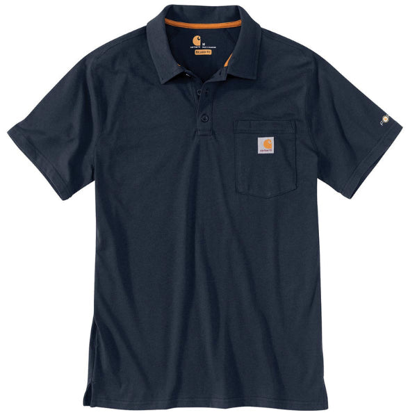 Front view of the Carhartt Force Polo Shirt 103569 in navy showing the no-roll collar, chest pocket and three-button placket.