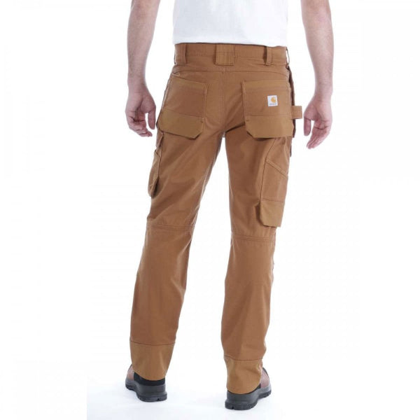 Detail view of the Work Trousers 105070 in Carhartt Brown showing the ripstop fabric texture and stitching