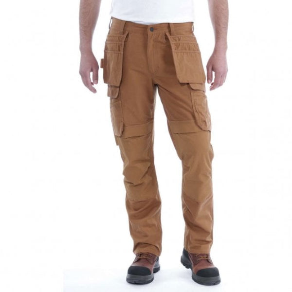Front view of the Carhartt Stretch Ripstop Work Trousers 105070 in Carhartt Brown highlighting the relaxed fit and utility pockets