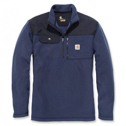 Front view of the Carhartt Fallon Half Zip Sweatshirt 102836 in navy showing the contrasting collar, half zip neckline and relaxed midweight fit.