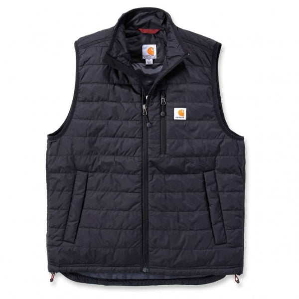 A navy-coloured Carhartt men's lightweight insulated vest with a full-length front zipper, left chest pocket with zipper closure, and two lower-front pockets with snap closure.