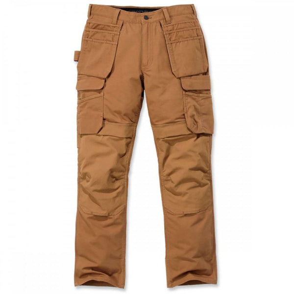A pair of brown, multi-pocket, relaxed fit Carhartt work pants for men.