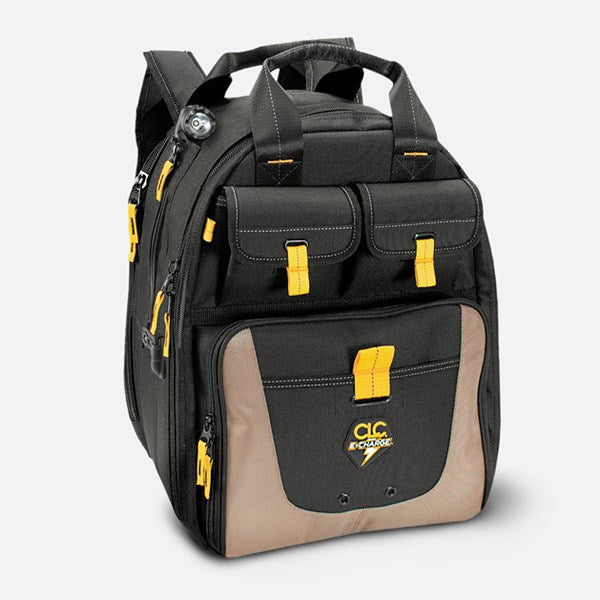 A CLC Work Gear tool backpack with USB E-Charge LED Lighted feature, showing multiple compartments and pockets, built-in USB ports, and an adjustable shoulder strap.