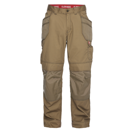 Front view of the Engel 2761 Combat Work Trousers in brown showing contrast stitching, hanging tool pockets and ergonomic fit.