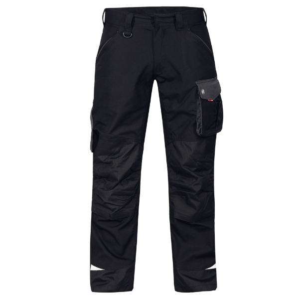 Front view of the Engel 2810 Galaxy Work Trousers in black showing ergonomic fit, slanted front pockets and D-ring strap.