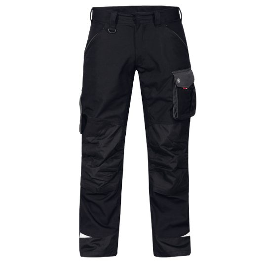 Front view of the Engel 2810 Galaxy Work Trousers in black showing ergonomic fit, slanted front pockets and D-ring strap.