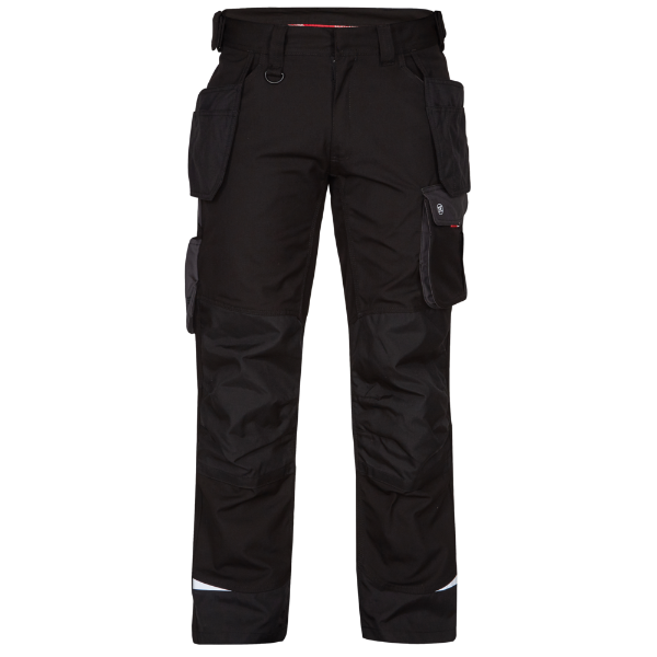 Front view of the Engel Galaxy Work Trousers 2811 in black showing front hanging tool pockets and ergonomic knee fit.