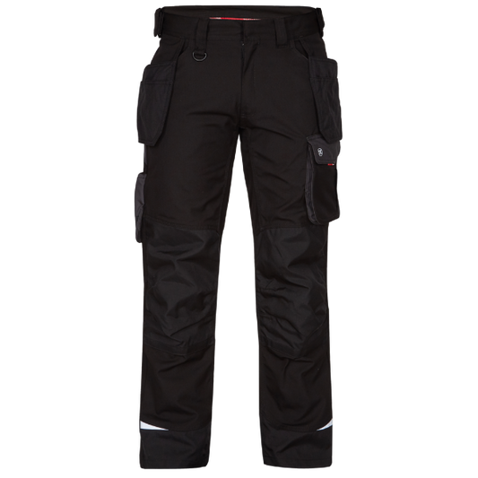 Front view of the Engel Galaxy Work Trousers 2811 in black showing front hanging tool pockets and ergonomic knee fit.
