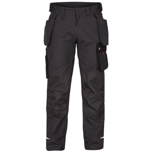Front view of the Engel Galaxy Work Trousers 2811 in anthracite grey and black showing front hanging tool pockets and ergonomic knee fit.