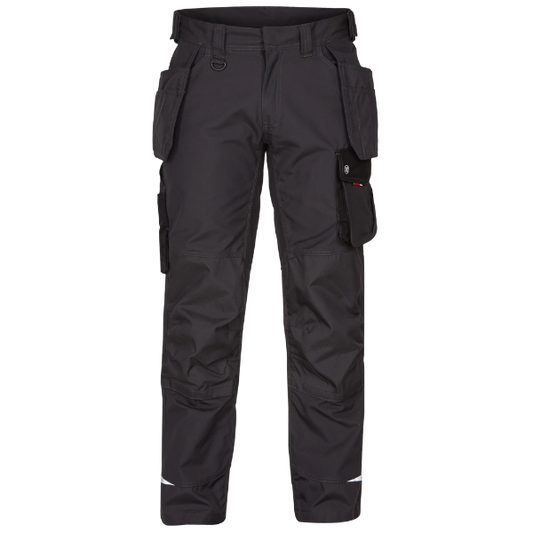 Front view of the Engel Galaxy Work Trousers 2811 in anthracite grey and black showing front hanging tool pockets and ergonomic knee fit.